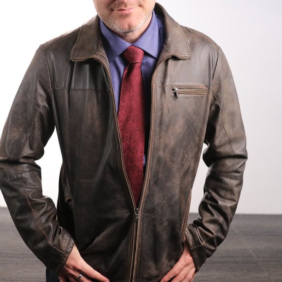 Distressed stone washed leather jacket - Picture 2 of 5